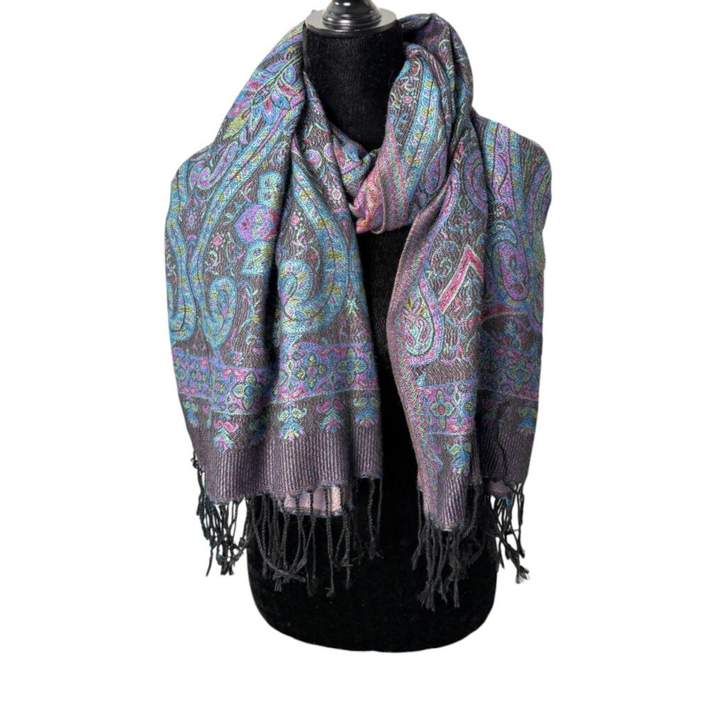 100% Cashmere Black Floral Paisley Fringe Moody Colorful Dark Scarf